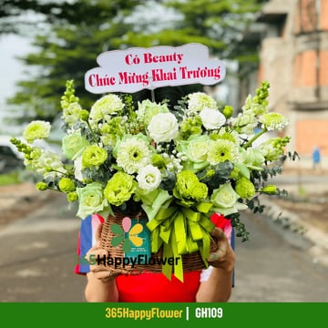 Giỏ hoa cẩm chướng xanh cốm hồng trắng mõm sói xanh GH109