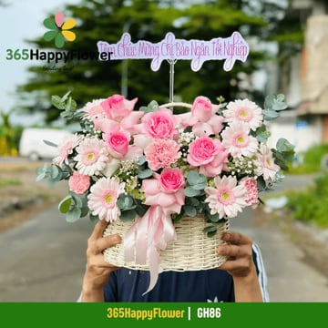 Giỏ hoa quai xách hồng hồng đậm đồng tiền hồng GH86