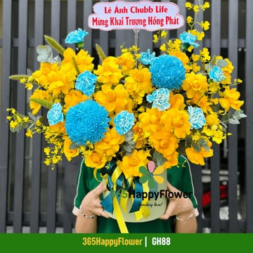 Hộp hoa hồng vàng cam cẩm chướng xanh dương nhuộm GH88