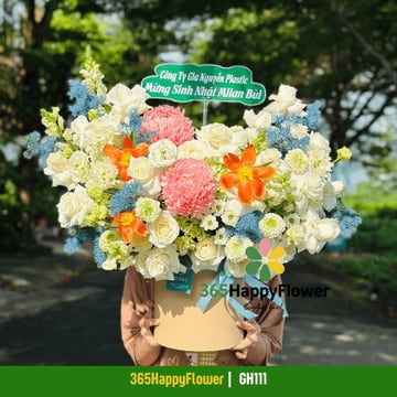 Hộp hoa hồng trắng mẫu đơn hồng điểm lily cam GH111
