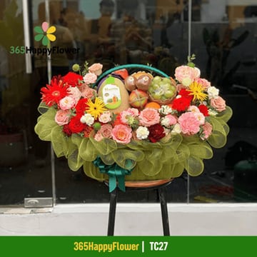 Giỏ trái cây lớn dưa lưới kiwi nho xanh kèm hoa hồng đỏ TC27
