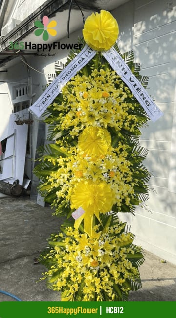 Kệ hoa tang 3 tầng dáng cao lan vàng ly vàng nơ tròn HCB12