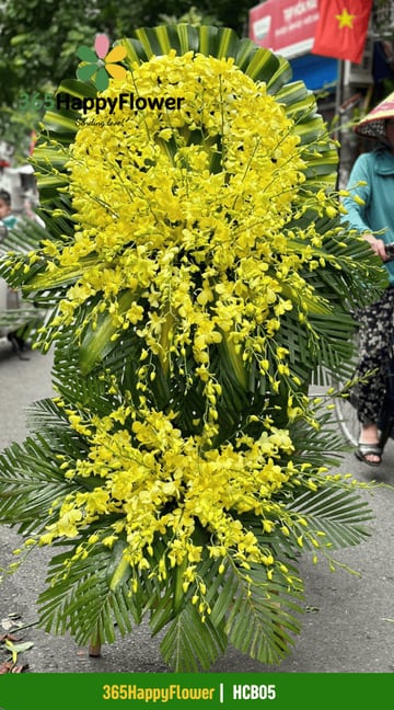 Kệ hoa chia buồn dáng dài lan dendro vàng cắm dày HCB05