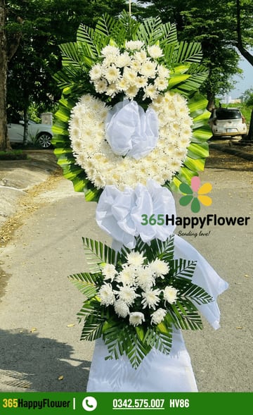 Kệ hoa đi viếng 2 tầng vòng cúc đại đóa trắng HV86