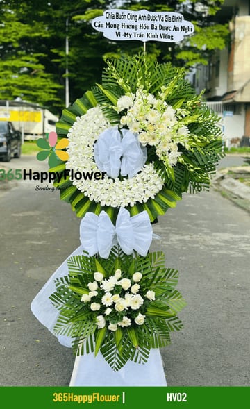 Kệ hoa chia buồn 2 tầng vòng lan dendro và hồng trắng HV02