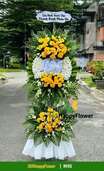 Kệ hoa tang 2 tầng hồng vàng cam và lan dendro trắng HV45