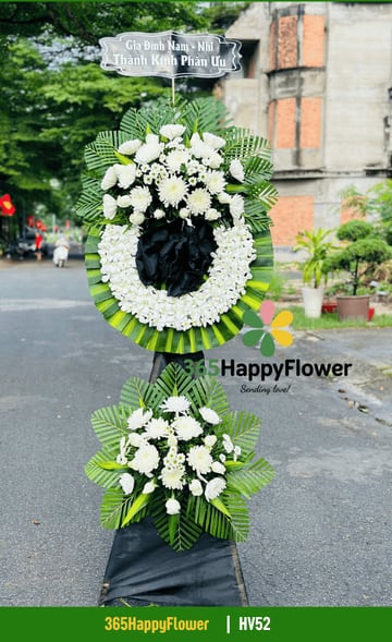 Kệ hoa đi viếng 2 tầng cúc đại đóa trắng nơ đen HV52