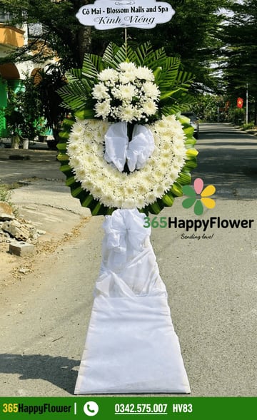Kệ hoa tang 1 vòng cúc đại đóa trắng nơ trắng HV83