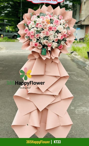 Kệ hoa 1 tầng hồng phấn hồng trắng váy giấy hồng nude KT33