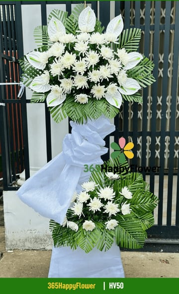 Kệ hoa tang 2 tầng cúc đại đóa trắng và hồng môn HV50