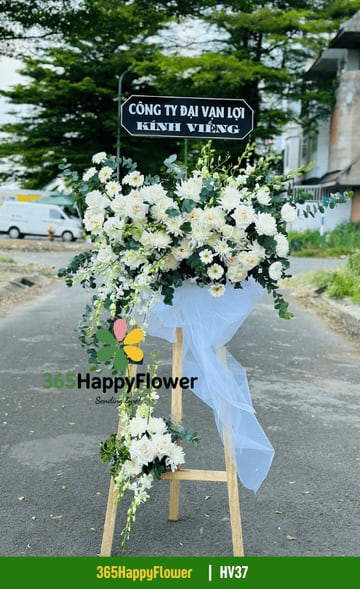 Kệ hoa tang giá gỗ hồng trắng cúc kim lan rủ một bên HV37