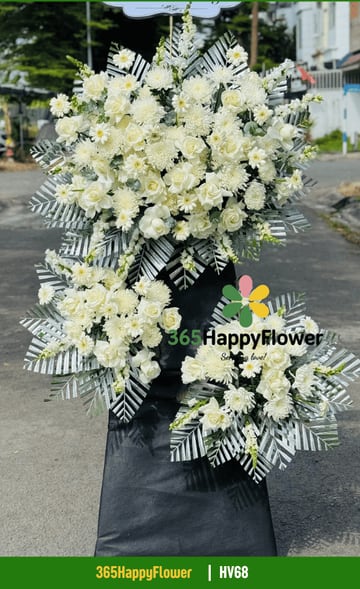 Kệ hoa tang 3 cụm hồng trắng cúc mẫu đơn chân đen HV68