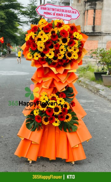Kệ hoa 2 tầng hướng dương đồng tiền đỏ chân giấy cam KT13