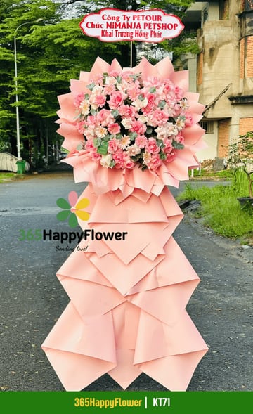 Kệ hoa 1 tầng hồng phấn đồng tiền hồng giấy xếp nhọn KT71