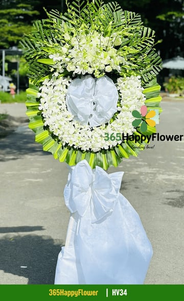 Kệ hoa viếng 1 vòng toàn lan dendro trắng nơ trắng HV34