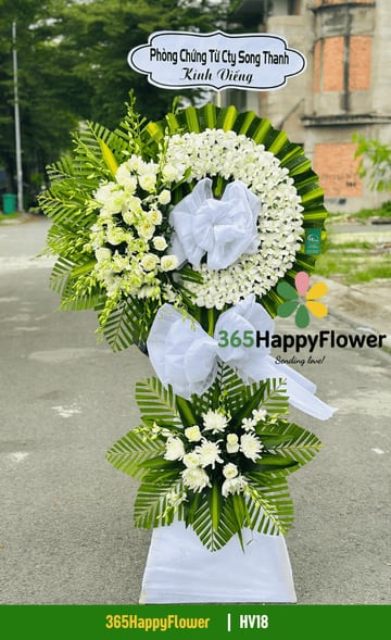 Kệ hoa viếng 2 tầng lan dendro trắng hồng trắng nơ lớn HV18