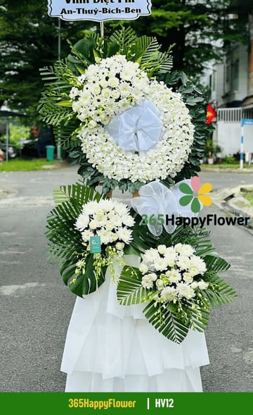 Kệ hoa viếng 2 tầng lan dendro trắng và đồng tiền trắng HV12