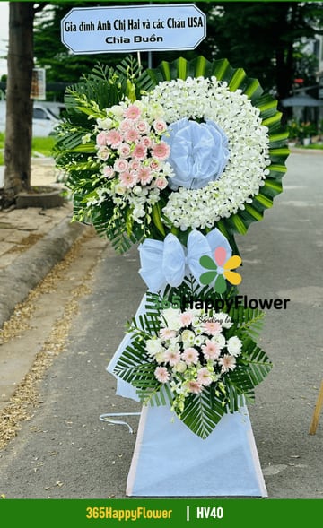 Kệ hoa viếng 2 tầng vòng lan trắng hồng phấn đồng tiền HV40