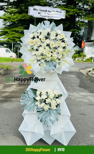 Kệ hoa viếng 2 tầng cúc trắng hồng trắng bọc giấy HV10