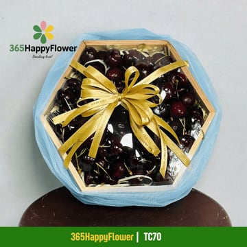 Hộp cherry đỏ sẫm hộp gỗ lục giác nắp trong nơ vàng kim TC70