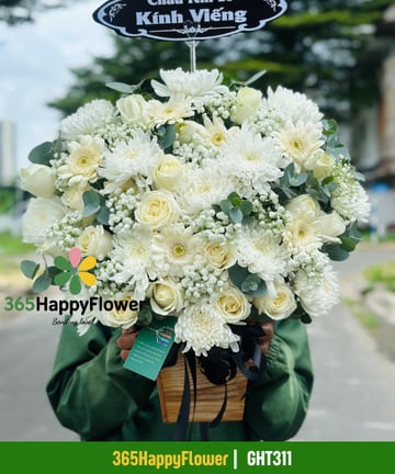 Giỏ hoa tang lễ cúc mẫu đơn trắng hồng kem baby GHT311