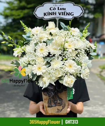 Giỏ hoa tang lễ đồng tiền trắng hồng trắng hộp gỗ GHT313