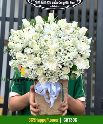 Giỏ hoa tang lễ hồng trắng kem cúc mẫu đơn hộp gỗ GHT306