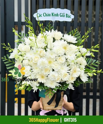 Giỏ hoa kính giỗ cúc kim trắng hồng trắng giỏ gỗ GHT315