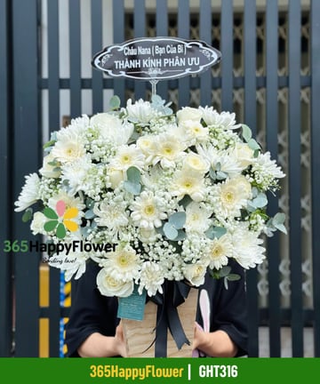 Giỏ hoa tang lễ cúc trắng hồng trắng phối baby giỏ gỗ GHT316